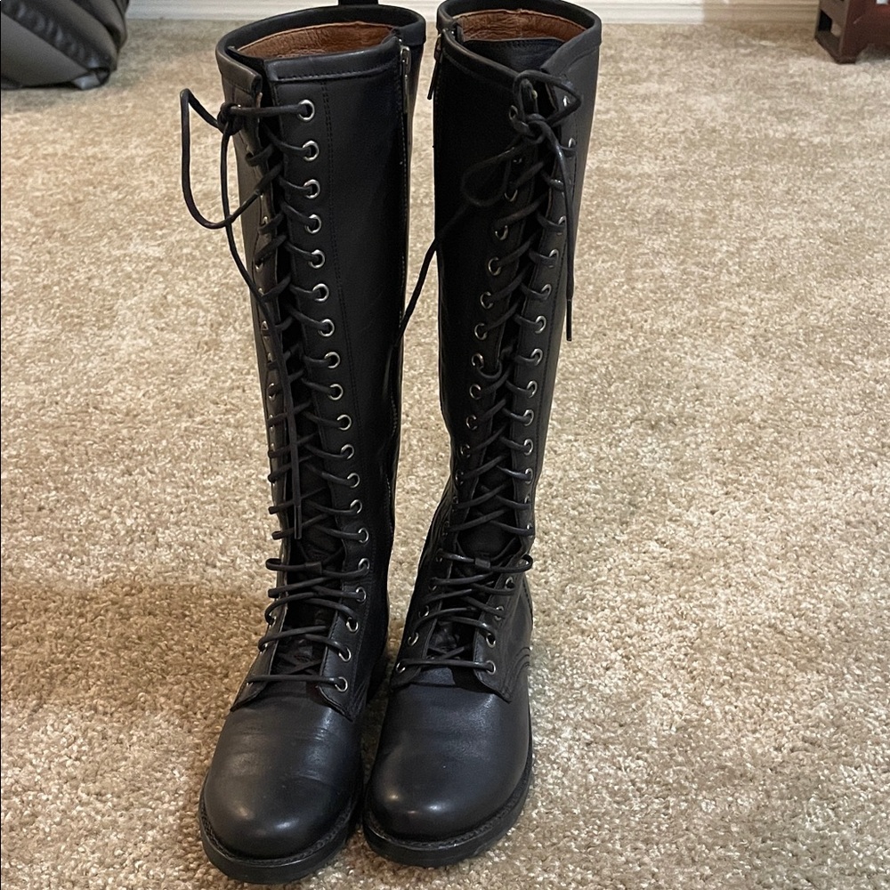 Frye Black Lace-Up Tall Boots - worn 3 times —original box Veronica Combat Tall